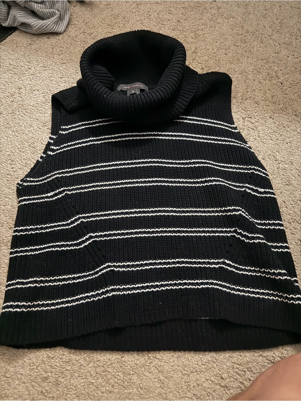 French Connection Black & White Striped Sleeveless Turtleneck Sweater